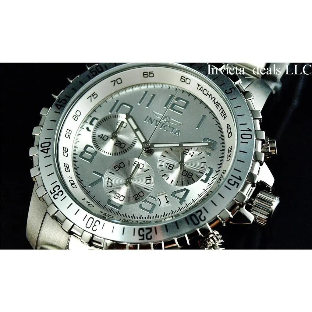 Invicta Men`s 45mm Specialty Pilot Chronograph Silver Dial Silver Tone SS Watch - Dial: Silver, Band: Silver, Bezel: Silver