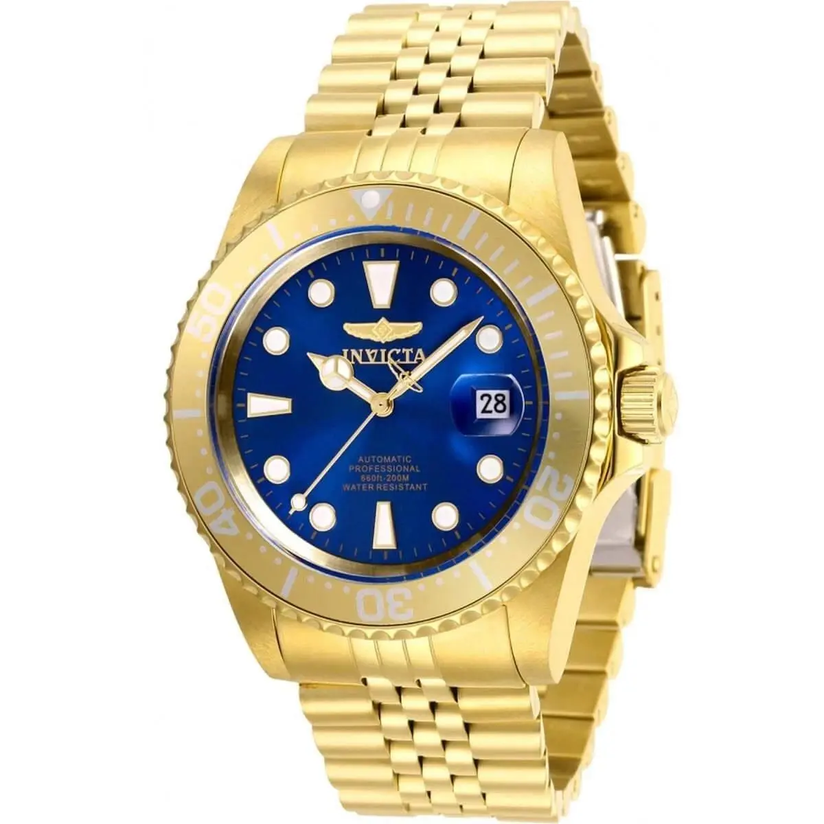 Invicta Pro Diver Blue Dial Gold Tone Men`s 42mm NH35A. Automatic Watch- 30097 - Dial: Blue, Band: Gold, Bezel: Gold