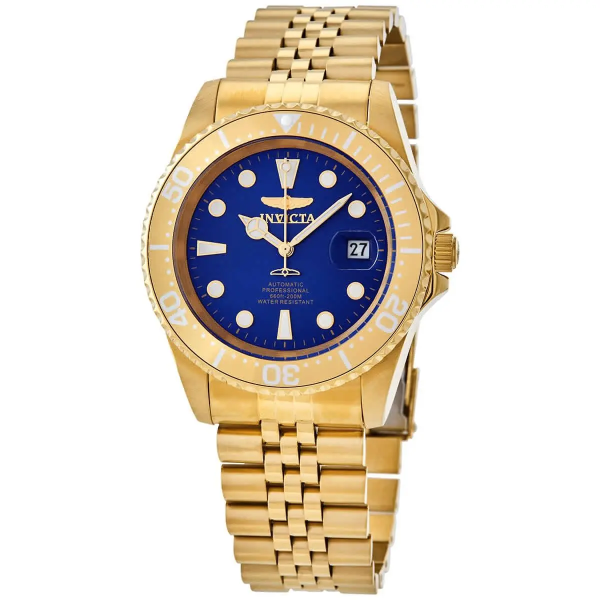 Invicta Pro Diver Automatic Blue Dial Men`s Watch 30097 - Dial: Blue, Band: Yellow Gold-tone, Bezel: Yellow Gold-tone