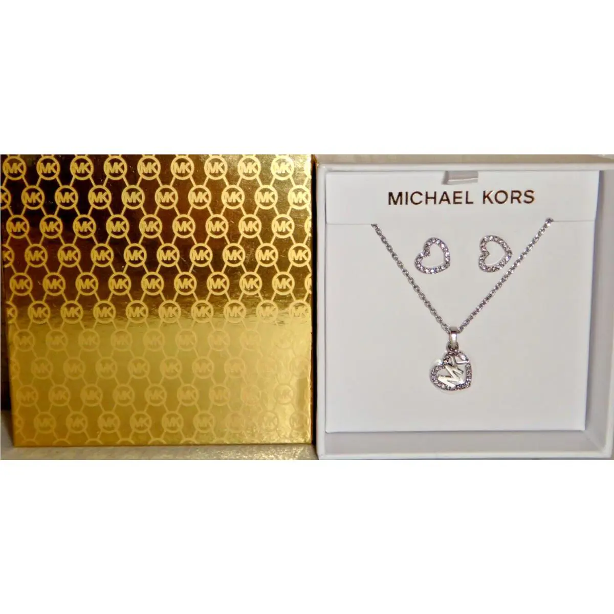 Michael Kors Gift Set Silver MK Logo Necklace Heart Earrings Crystals + MK Box