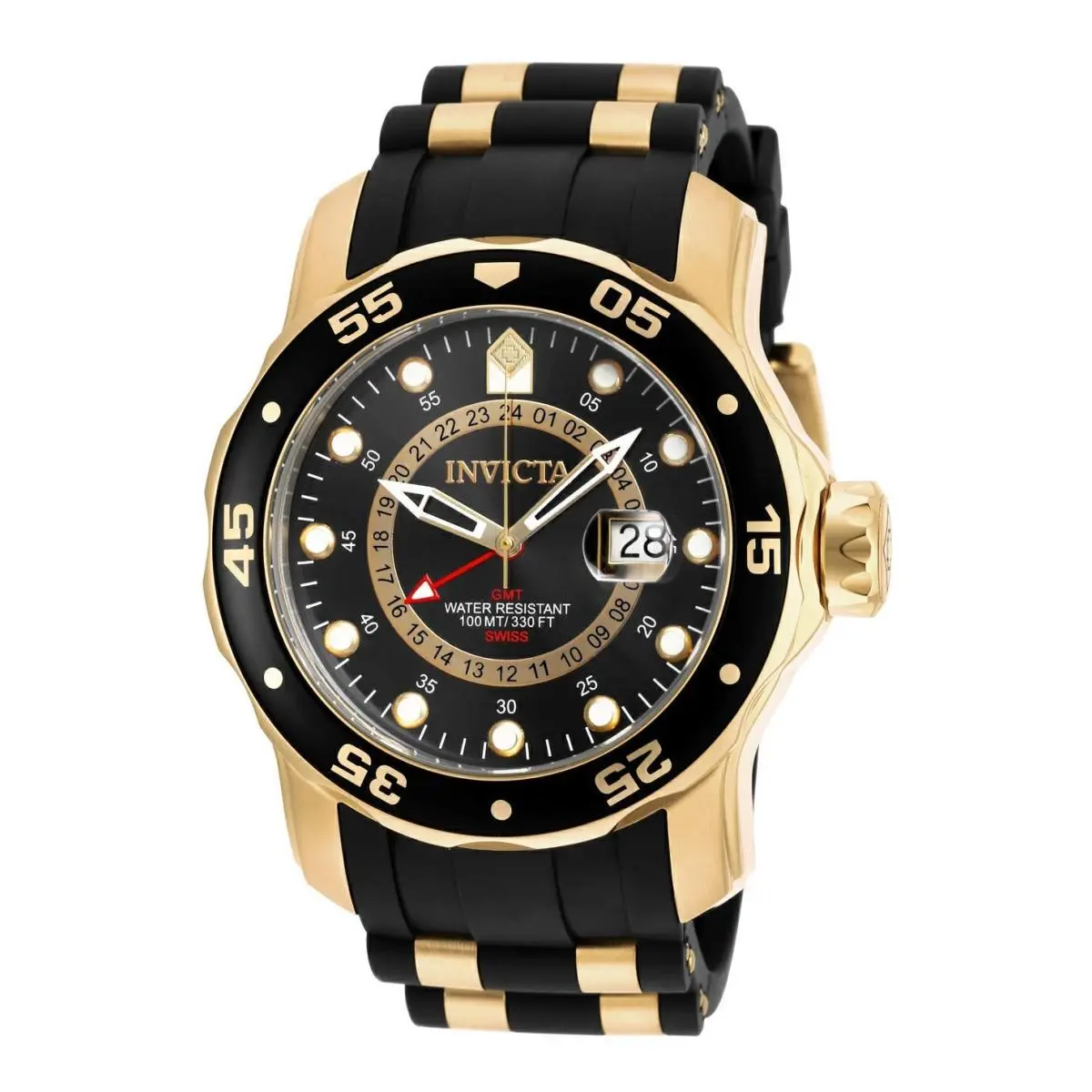 Invicta Men`s Pro Diver Gmt Swiss Quartz Black Dial Black Silicone Watch 6991