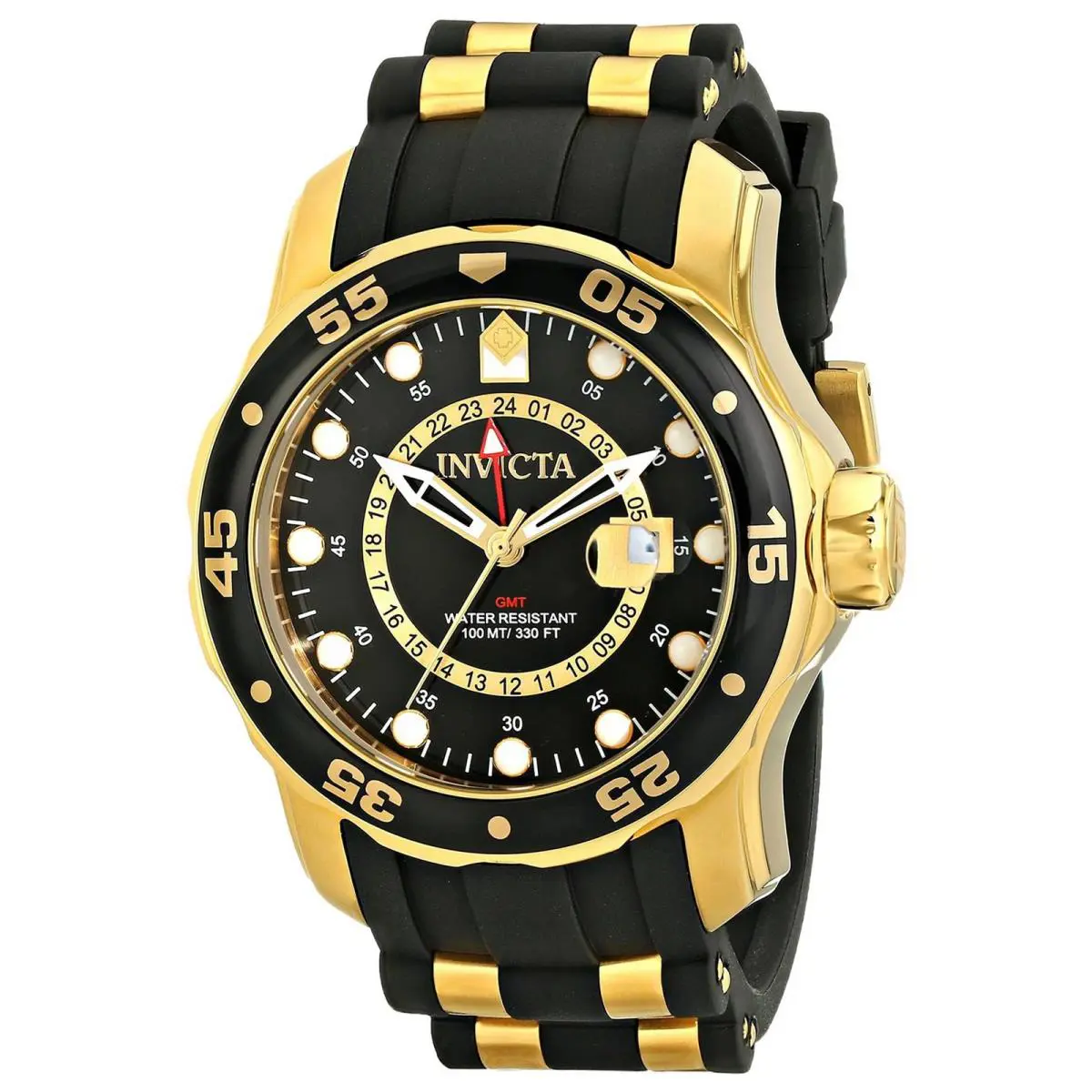 Invicta Men`s Watch Pro Diver Scuba Gmt TT Black and Yellow Gold Strap 6991 - Dial: Black, Band: Gold, Yellow, Black