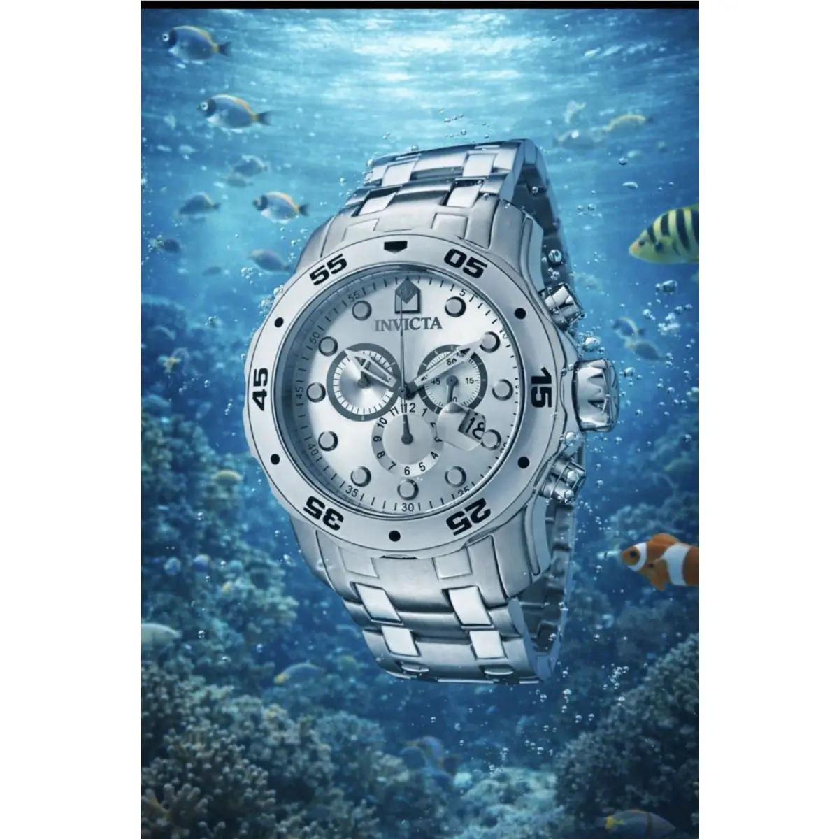 Invicta Pro Diver Scuba Chronograph Mens Silver Dial Bracelet 48mm SS Watch