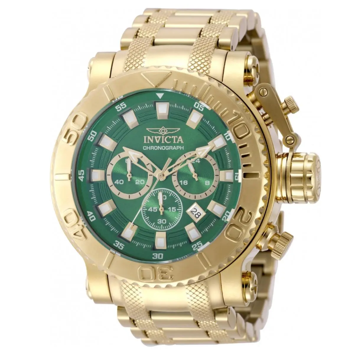 Invicta Coalition Forces Double Gold Men`s 52mm Green Dial Chrono Watch 50116 - Dial: Gold, Green, White, Yellow, Band: Gold, Yellow, Bezel: Gold, Yellow