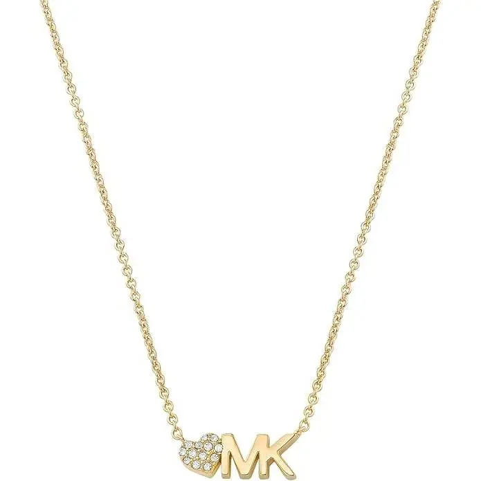Michael Kors Gold Tone Chain Crystal MK Heart Disc Pendant Necklace MKJ7977
