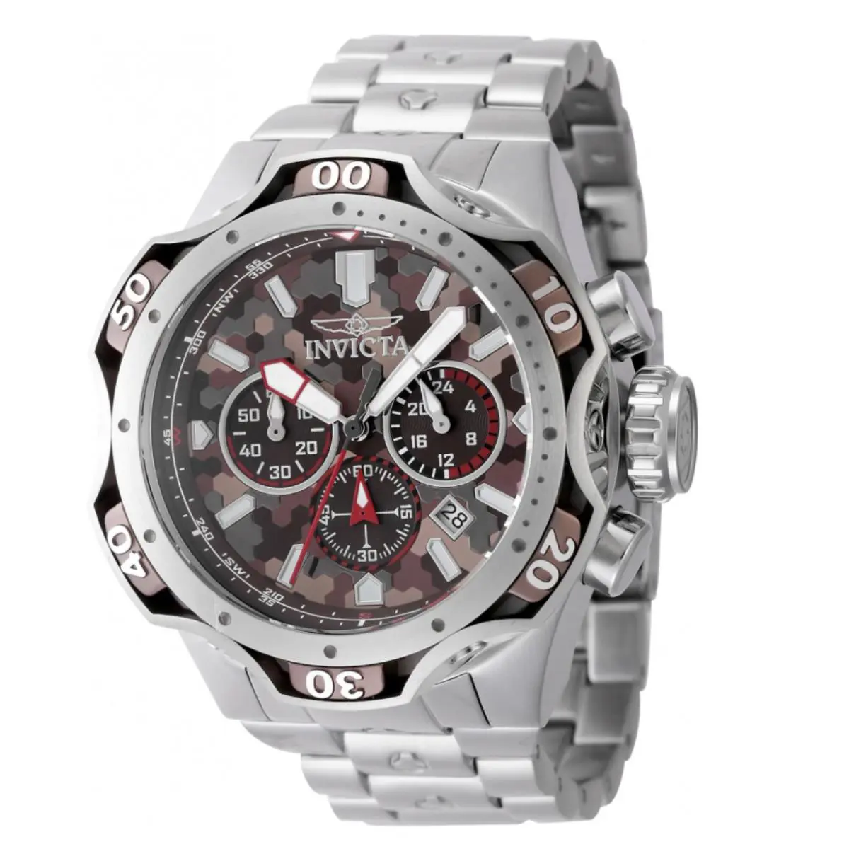 Invicta Venom Combat Men`s 52mm Desert Camo Quartz Chrono Watch 47757 - Dial: Black, Bronze, Brown, Gray, White, Band: Silver, Bezel: Bronze, Brown, Silver