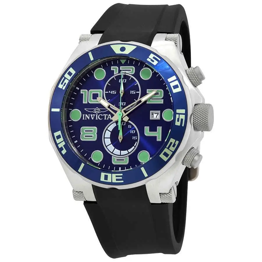 Invicta Pro Diver Chronograph Blue Dial Black Polyurethane Men`s Watch 17813 - Dial: Blue, Band: Black, Bezel: Silver-tone