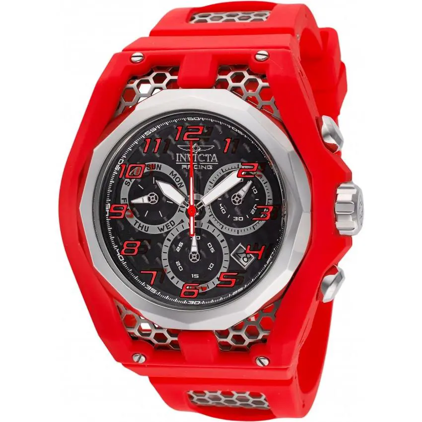 Invicta Racing Chronograph Quartz Black Dial Men`s Watch 47208 - Dial: Black, Band: Two-tone (Red and Silver-tone), Bezel: Silver-tone and Red