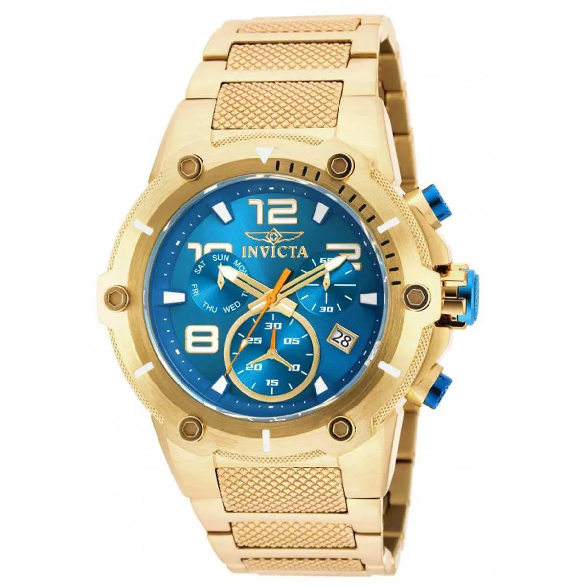 Invicta Men`s Watch Speedway Quartz Chronograph Blue Dial Steel Bracelet 19532 - Dial: Blue, Band: Gold, Bezel: Gold, Blue