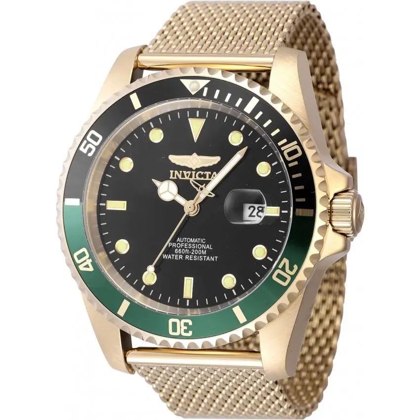Invicta Pro Diver Automatic Black Dial Sprite Bezel Men`s Watch 47967 - Dial: Black, Band: Gold-tone, Bezel: Gold-tone