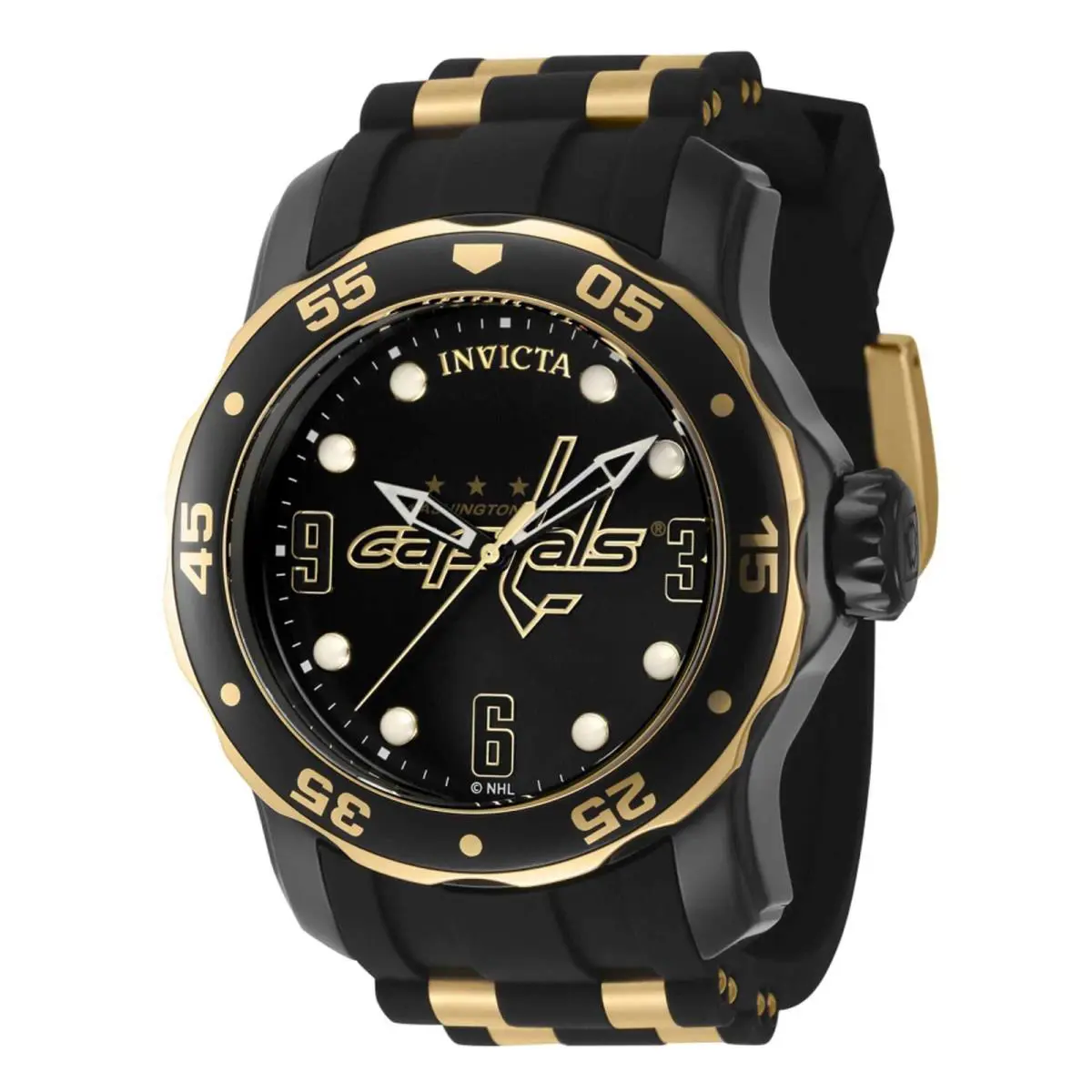 Invicta Men`s Watch Nhl Washington Capitals Rotating Bezel Rubber Strap 42311 - Dial: Gold, Black, Band: Yellow, Black