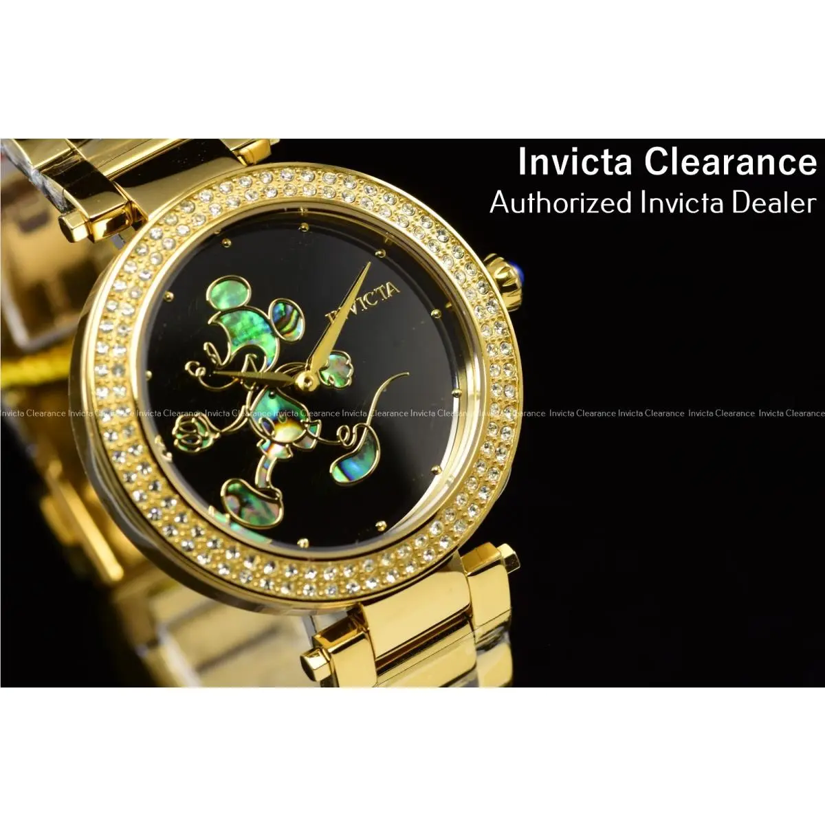 Invicta Women`s Disney Mickey Mouse Crystal Black Dial Yellow Gold SS Watch - Dial: Black, Band: Gold, Bezel: Gold