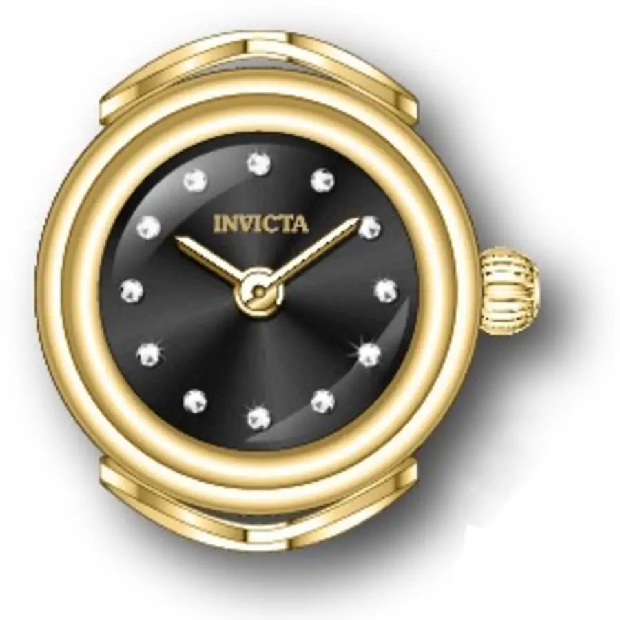Invicta Mini Angel Quartz Crystal Black Dial Ladies Ring Watch 44482 - Dial: Black, Band: Gold-tone, Bezel: Gold-tone