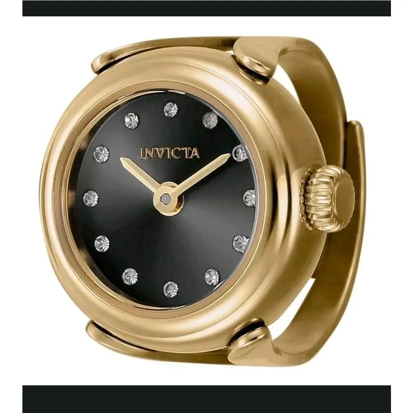 Invicta Mini Angel Quartz Crystal Black Dial Ladies Ring Watch 44482 - Dial: Black, Band: Gold-tone, Bezel: Gold-tone
