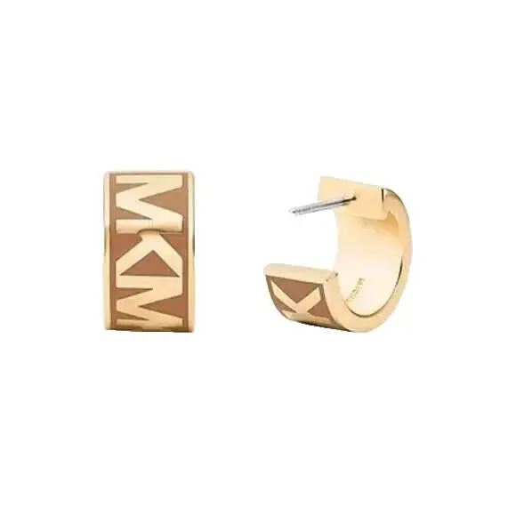 Michael Kors Gold Tone Tan Beige Enamel MK Logo Hoop Earrings - MkJ0027
