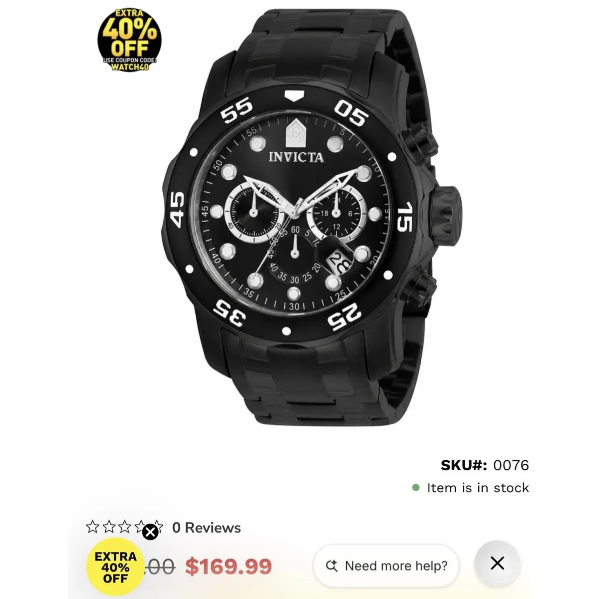Pro Diver Scuba Men`s Watch - 48mm. Black - 0076 W/box by Invicta