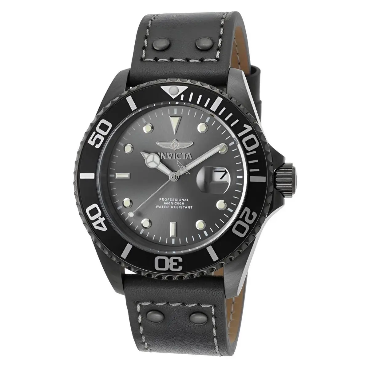 Invicta Men`s Watch Pro Diver Quartz Dive Grey Dial Grey Leather Strap 22077