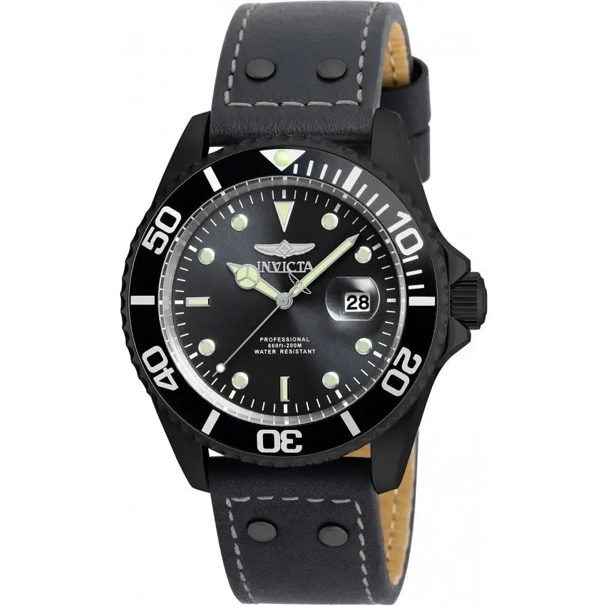 Invicta 22077 Pro Diver Men`s Analog Watch Black Leather Strap