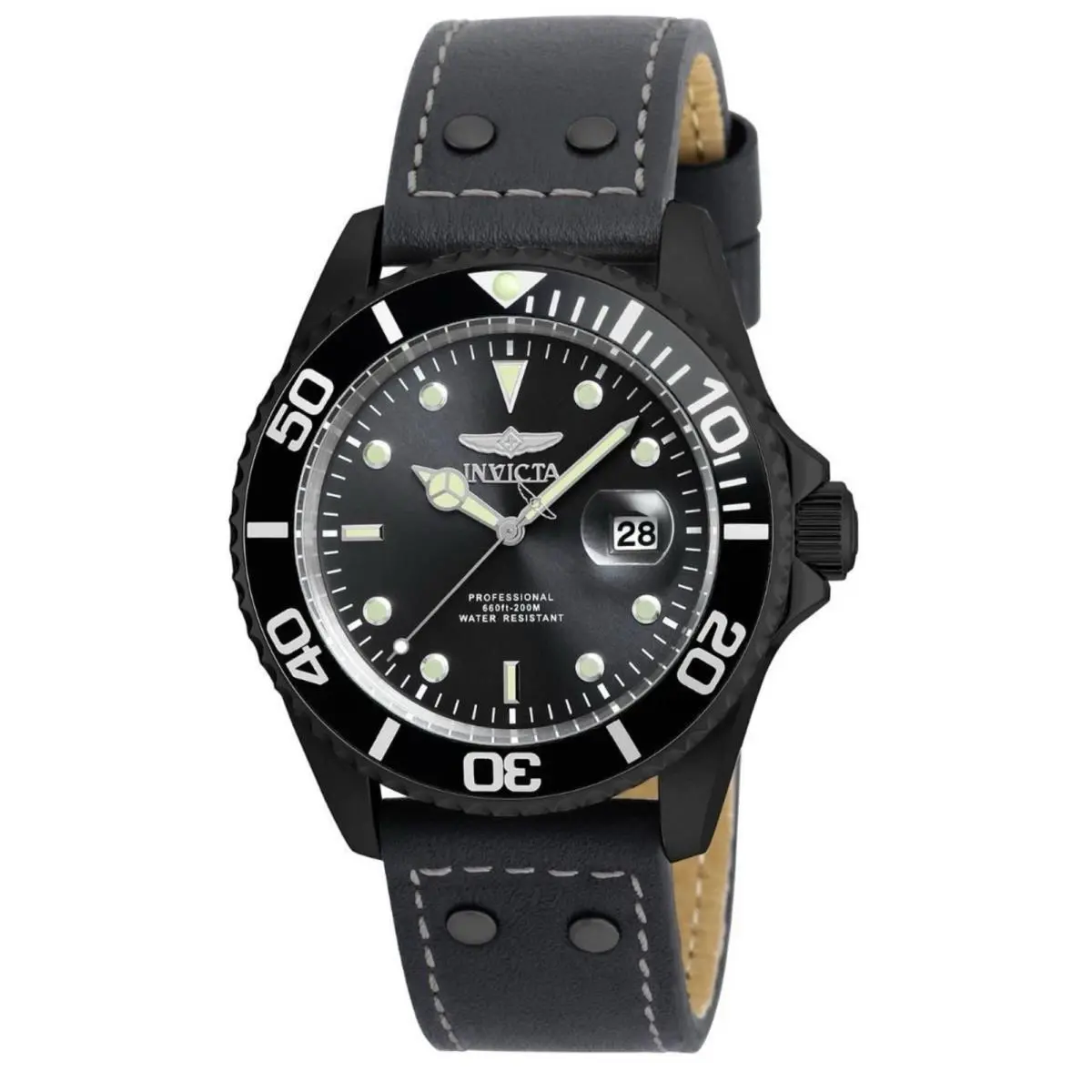 Invicta Pro Diver Men’s Watch 43mm Black Dial Leather Strap 22077