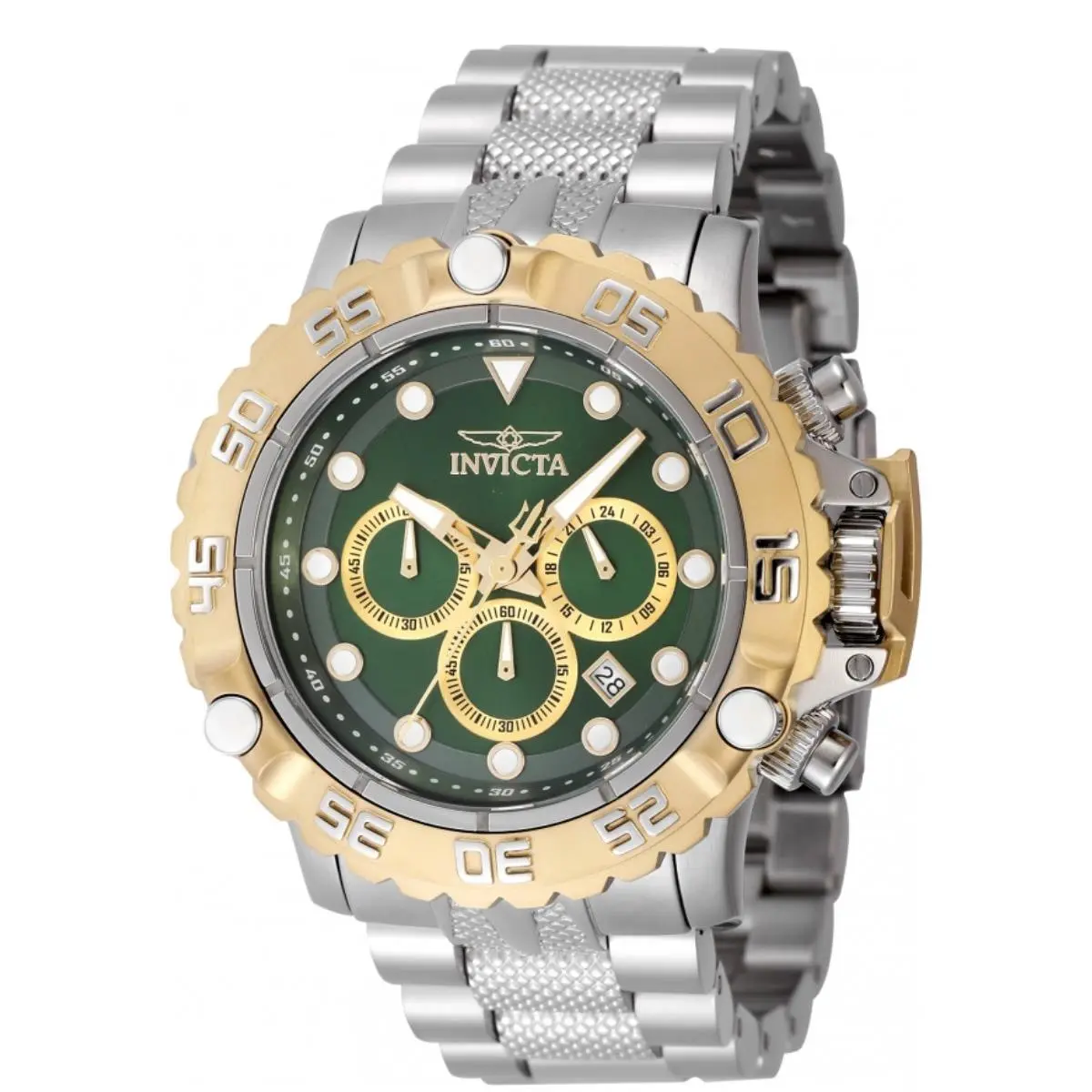 Invicta Subaqua Poseidon Green Dial Silver Band Luminous Chrono Watch 47183 - Dial: Gold, Green, White, Yellow, Band: Silver, Bezel: Gold, Gray, White, Yellow