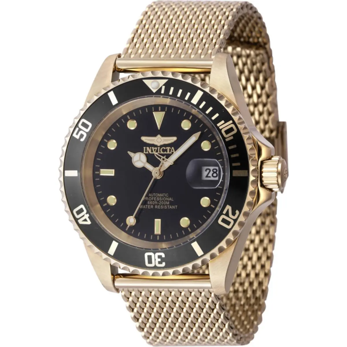 Invicta Men`s Watch Pro Diver Automatic Black Dial Yellow Gold Bracelet 47722