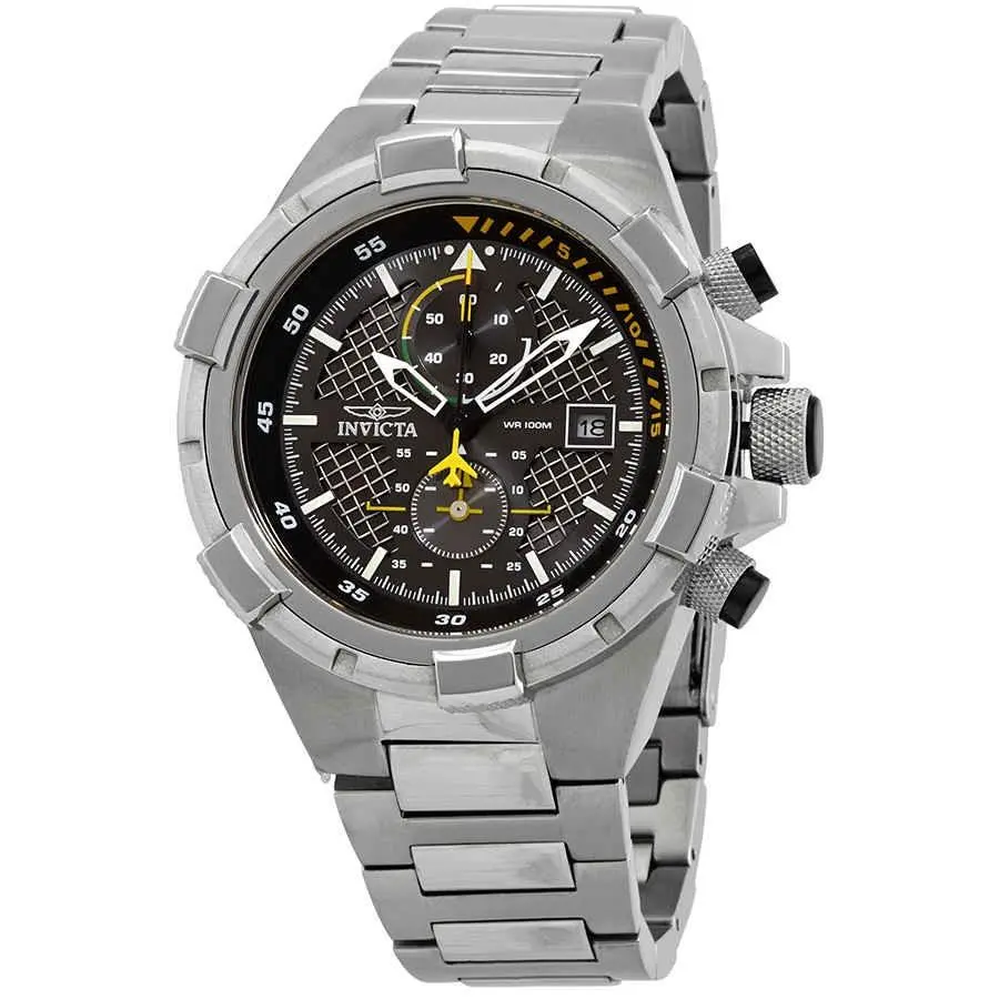 Invicta Aviator Chronograph Black Dial Men`s Watch 28108 - Dial: Black, Band: Silver-tone, Bezel: Silver-tone