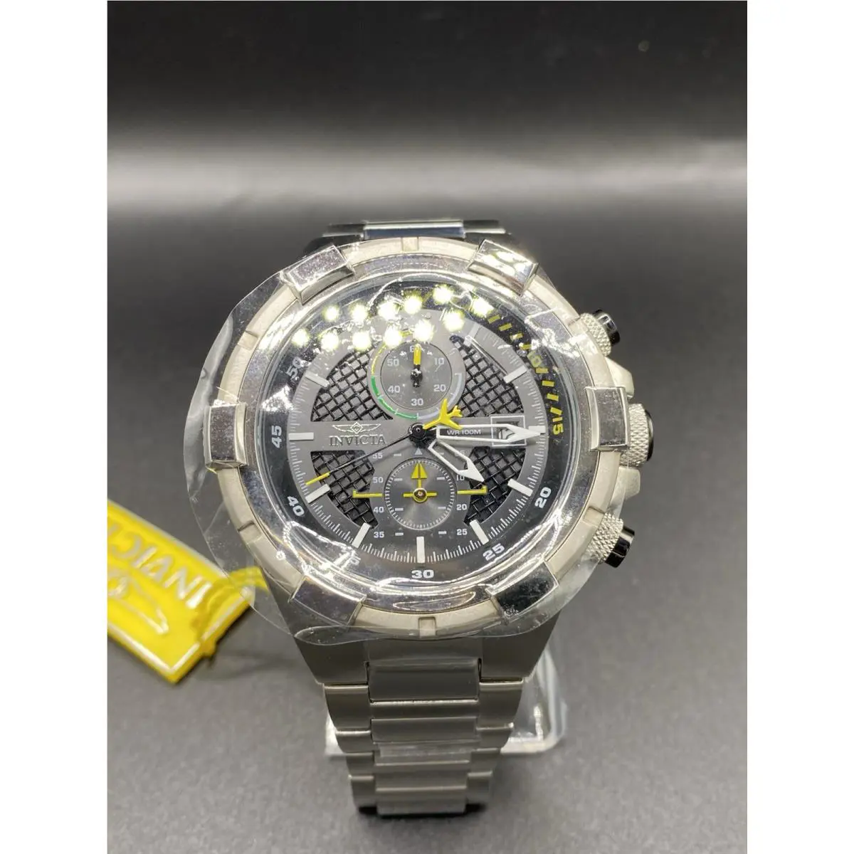 Invicta Men`s Watch Aviator Chronograph Black Dial Silver Steel Bracelet 28108