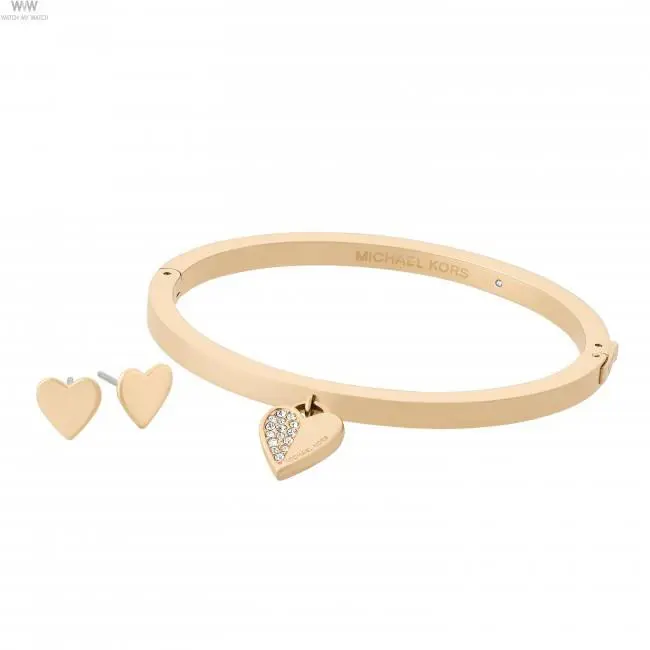 Michael Kors Gold Tone Set OF 2 Hing Bracelet+heart Pave Stud Earrings MKJ5937