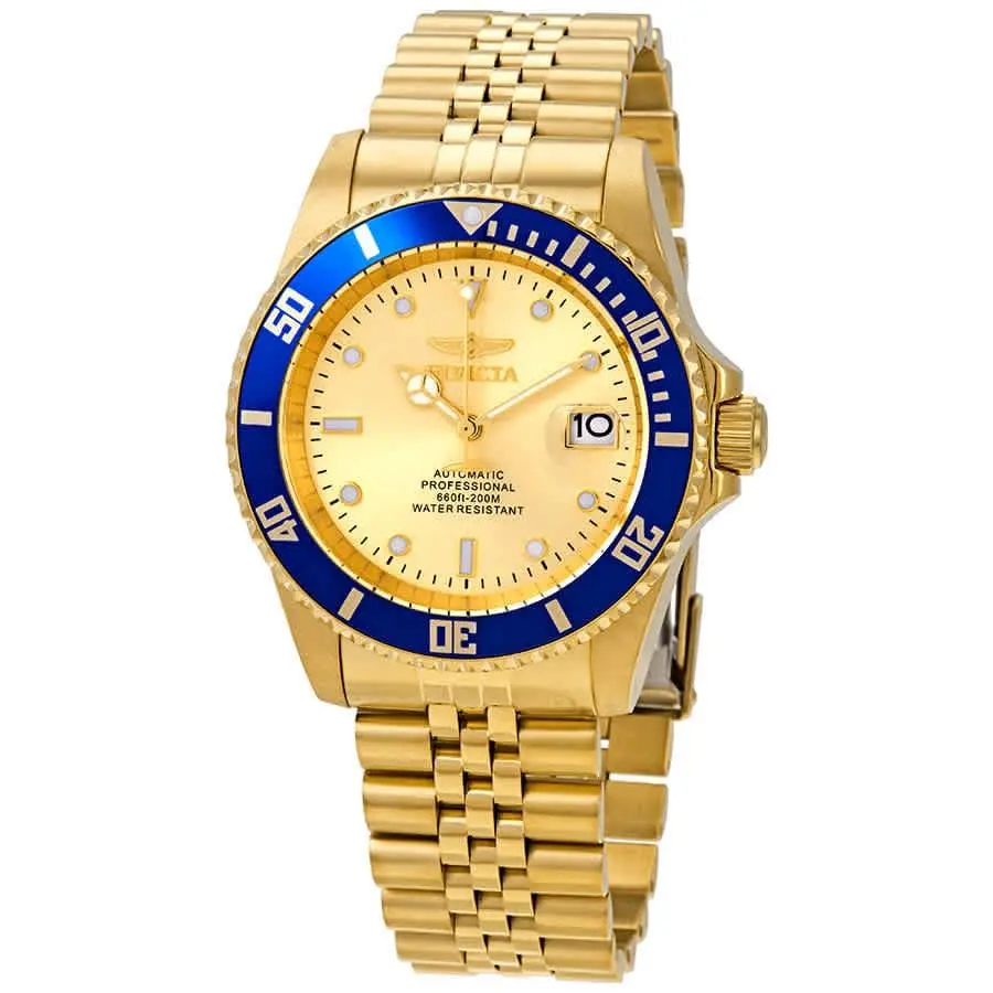Invicta Pro Diver Automatic Date Gold Dial Men`s Watch 29185 - Dial: Gold, Band: Gold-tone, Bezel: Gold-tone