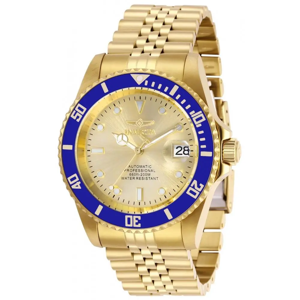 Invicta Men`s 29185 Pro Diver Automatic 3 Hand Champagne Dial Watch - Dial: Gold, Band: Gold, Bezel: Blue