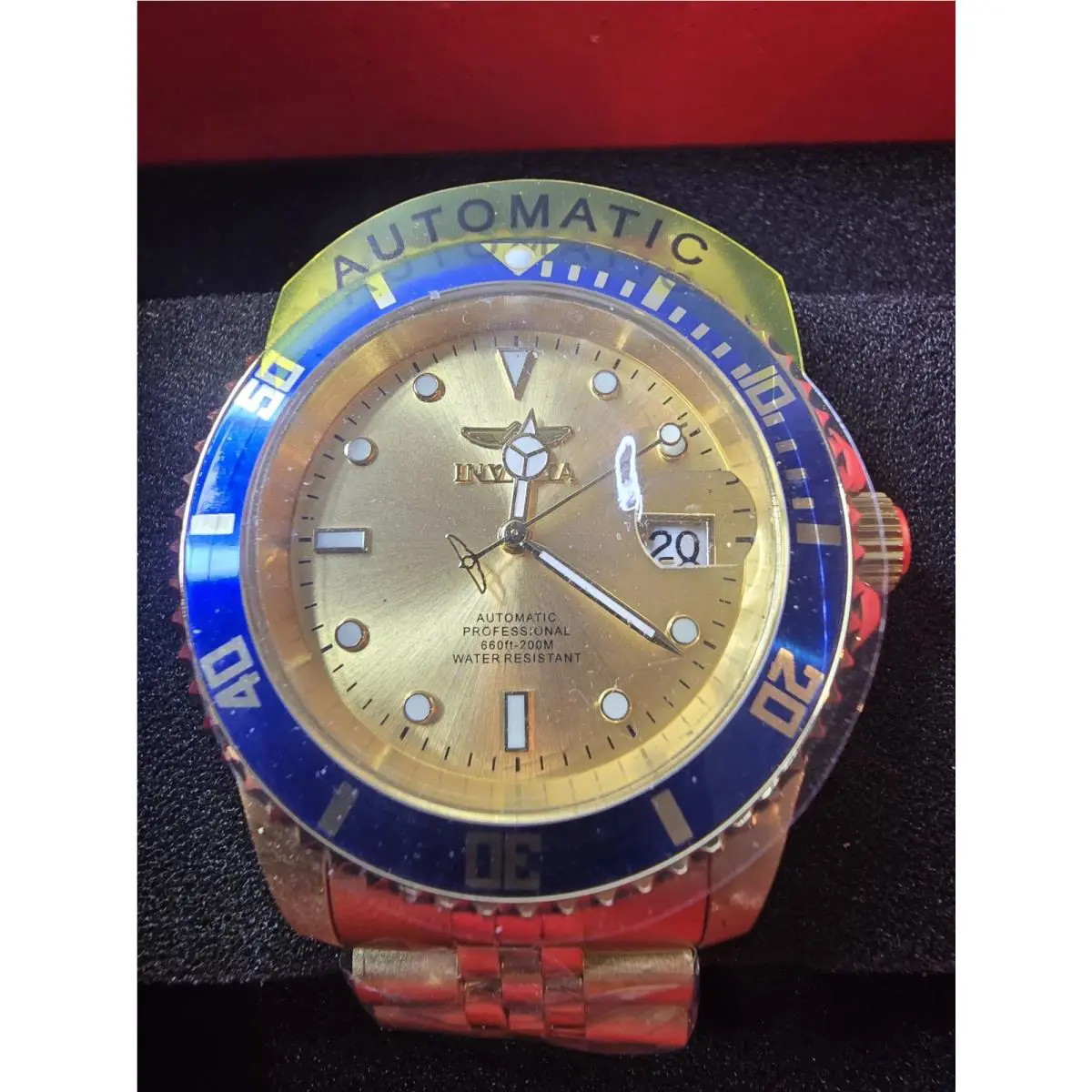 Invicta Pro Diver Men`s Gold Watch - 29185 - Dial: Gold, Band: Gold, Bezel: Blue
