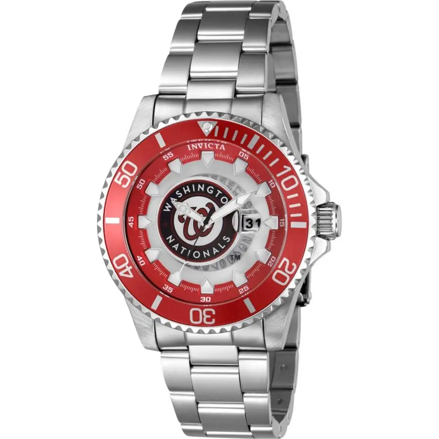 Invicta Mlb Washington Nationals Quartz Men`s Watch 43483 - Dial: Red and Silver and White and Blue, Band: Silver-tone, Bezel: Silver-tone