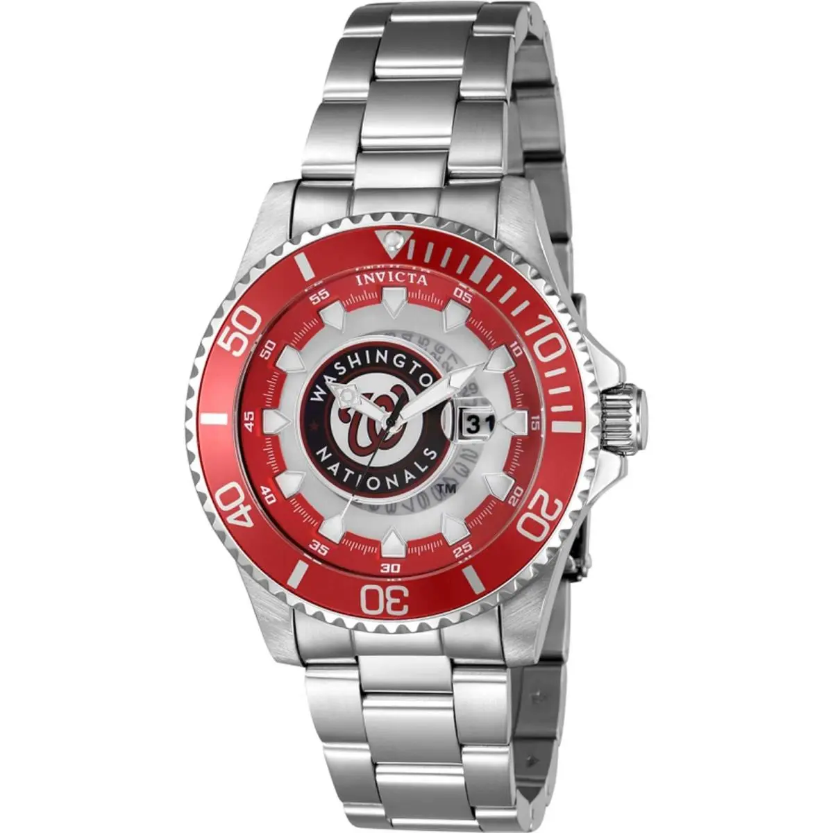 Invicta Men`s Watch Mlb Washington Nationals Date Display Silver Bracelet 43483 - Dial: Red, White, Silver, Blue, Band: Silver