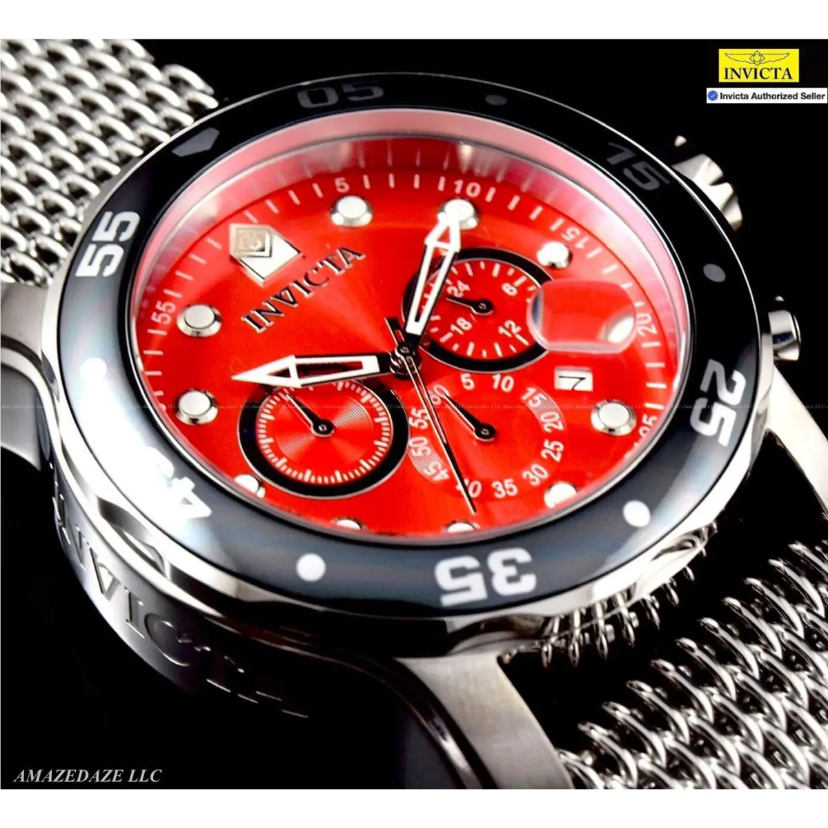 Invicta Men`s 48mm Prodiver Scuba Chrono Mesh Bracelet Red Dial SS Watch