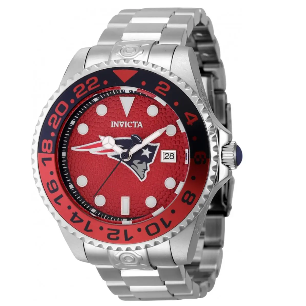 Invicta Nfl England Patriots Men`s 47mm Grand Diver Automatic Watch 45031 - Dial: Blue, Red, Silver, White, Band: Silver, Bezel: Blue, Red, Silver