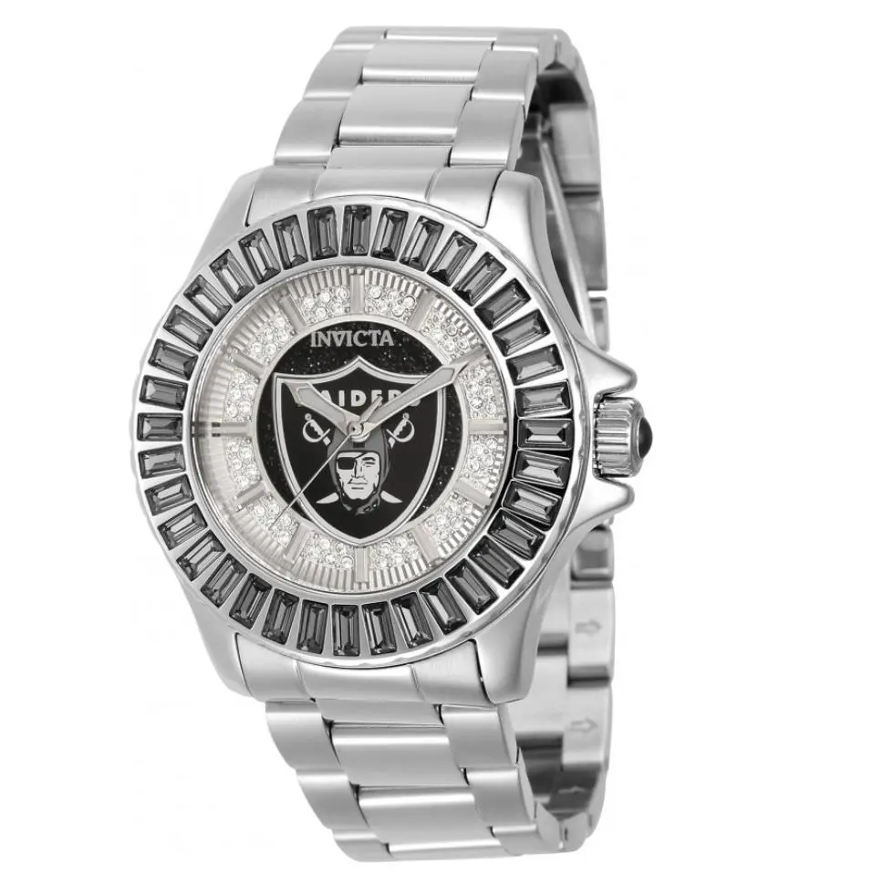 Invicta x Nfl Las Vegas Raiders Women`s Silver Crystal Watch 38mm 42056 - Dial: Multicolor, Band: Silver, Bezel: Gray