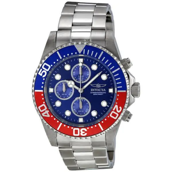 Invicta Pro Diver Chronograph Blue Dial Pepsi Bezel Men`s Watch 1771 - Blue / Red / Silver, Dial: Blue, Band: Silver