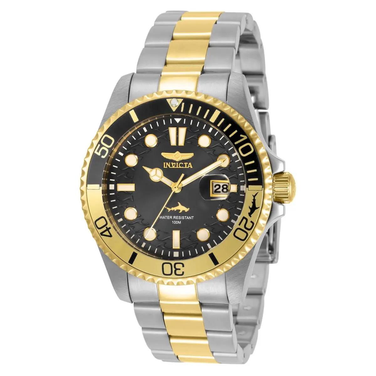 Invicta Men`s 30944 Pro Diver Quartz 3 Hand Black Dial Watch - Dial: Gold, Black, Band: Silver, Gold, Yellow, Bezel: Black/Gold