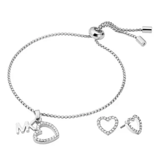 Michael Kors Set Silver Slider Bracelet Heart Earrings Crystals MKJ7817040 +box