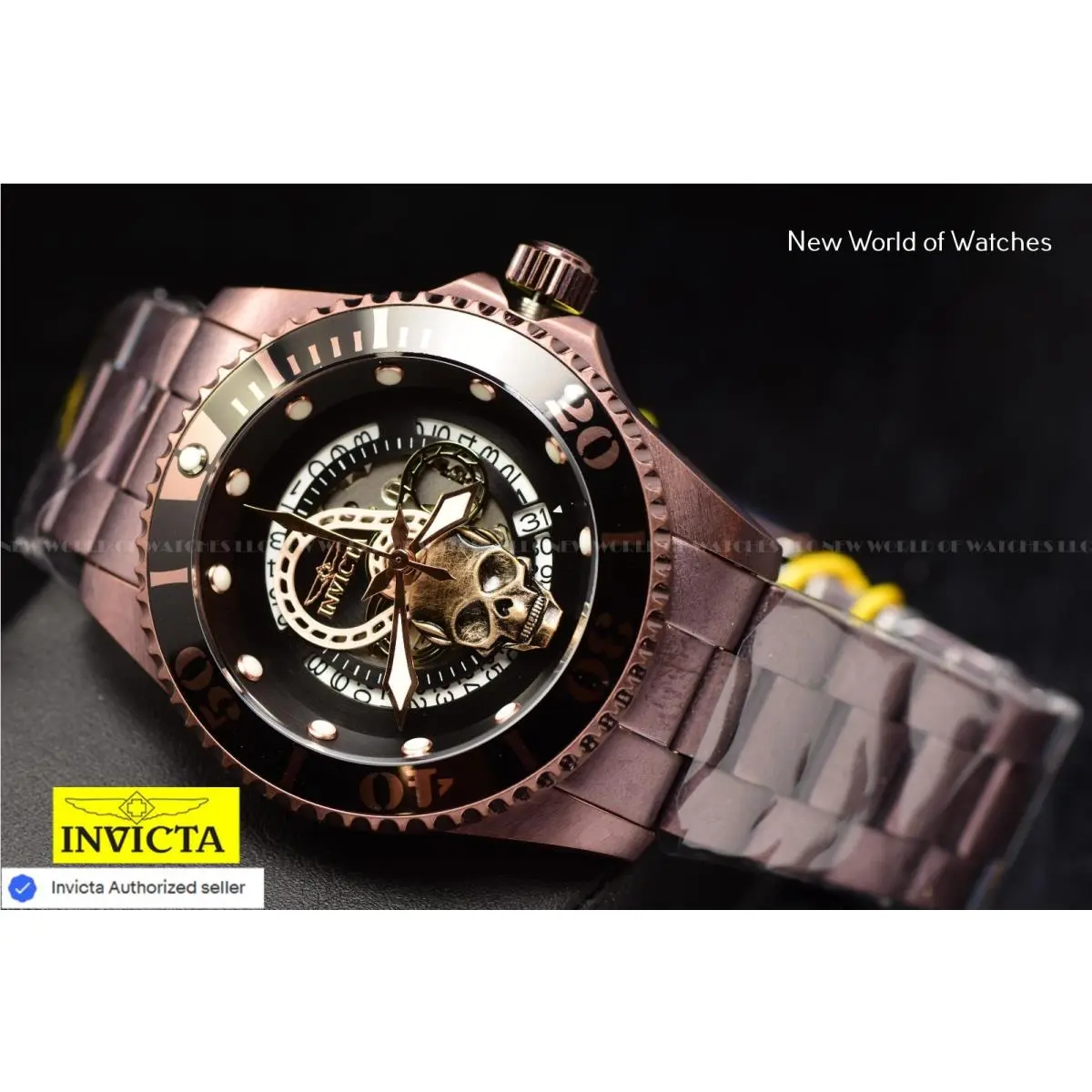 Invicta Pro Diver Skull Edition Dial Automatic Mens Brown Tone SS Watch