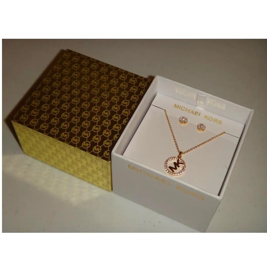 Michael Kors Gift Set Rose Gold MK Logo Necklace Earrings Crystals Js450