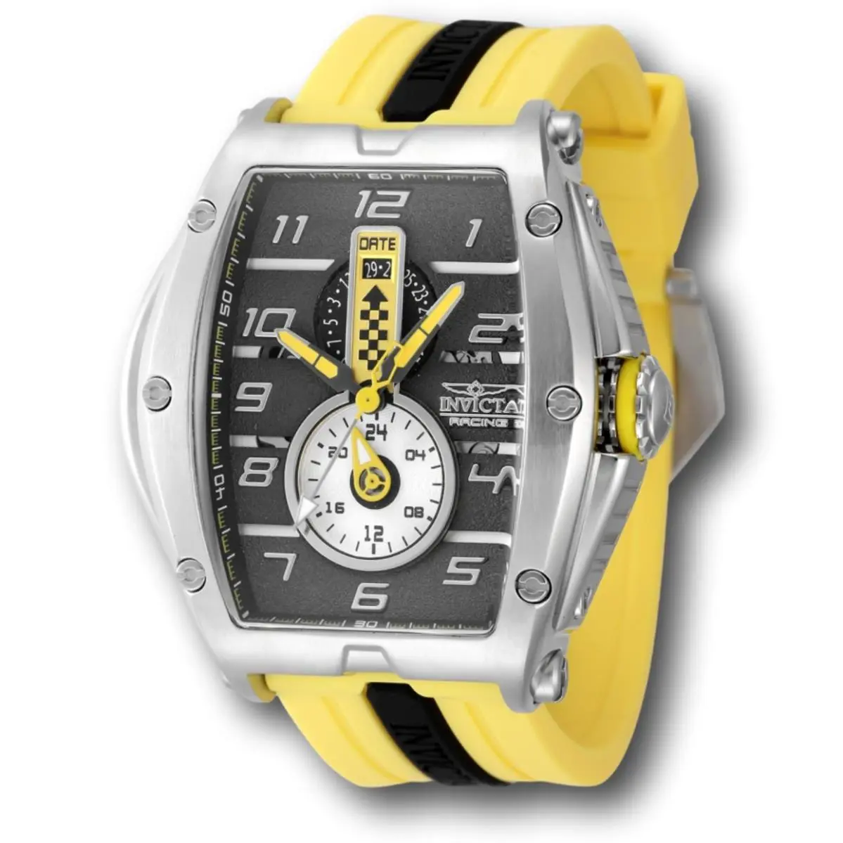 Invicta S1 Rally Diablo Racing Rpm Men`s 50mm Yellow Quartz Watch 47383 - Dial: Black, Multicolor, Silver, Yellow, Band: Black, Yellow, Bezel: Silver