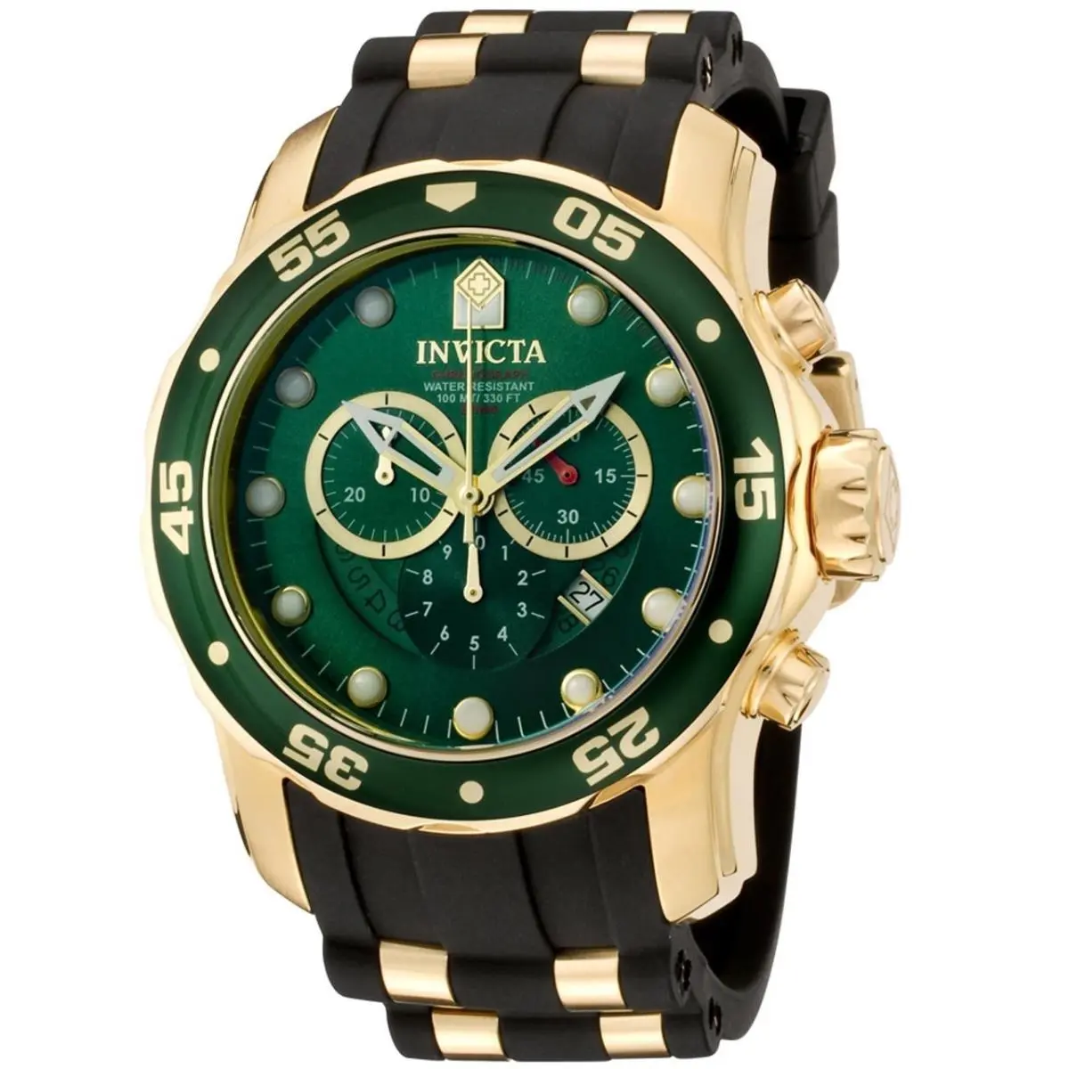 Invicta Pro Diver Chronograph Green Dial Black Polyurethane Men`s Watch 6984 - Dial: Green, Band: Multicolor, Bezel: Yellow Gold-plated