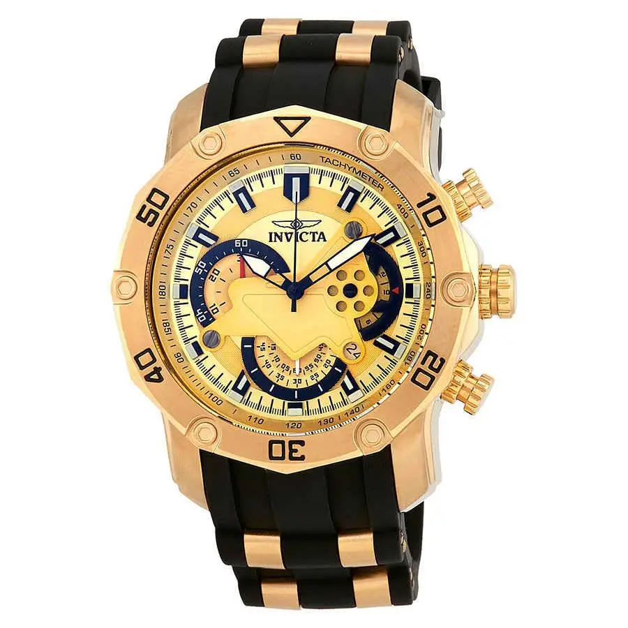 Invicta Pro Diver Chronograph Gold Dial Men`s Watch 23427 - Dial: Gold, Band: Two-tone (Black and Gold-tone), Bezel: Yellow Gold-plated