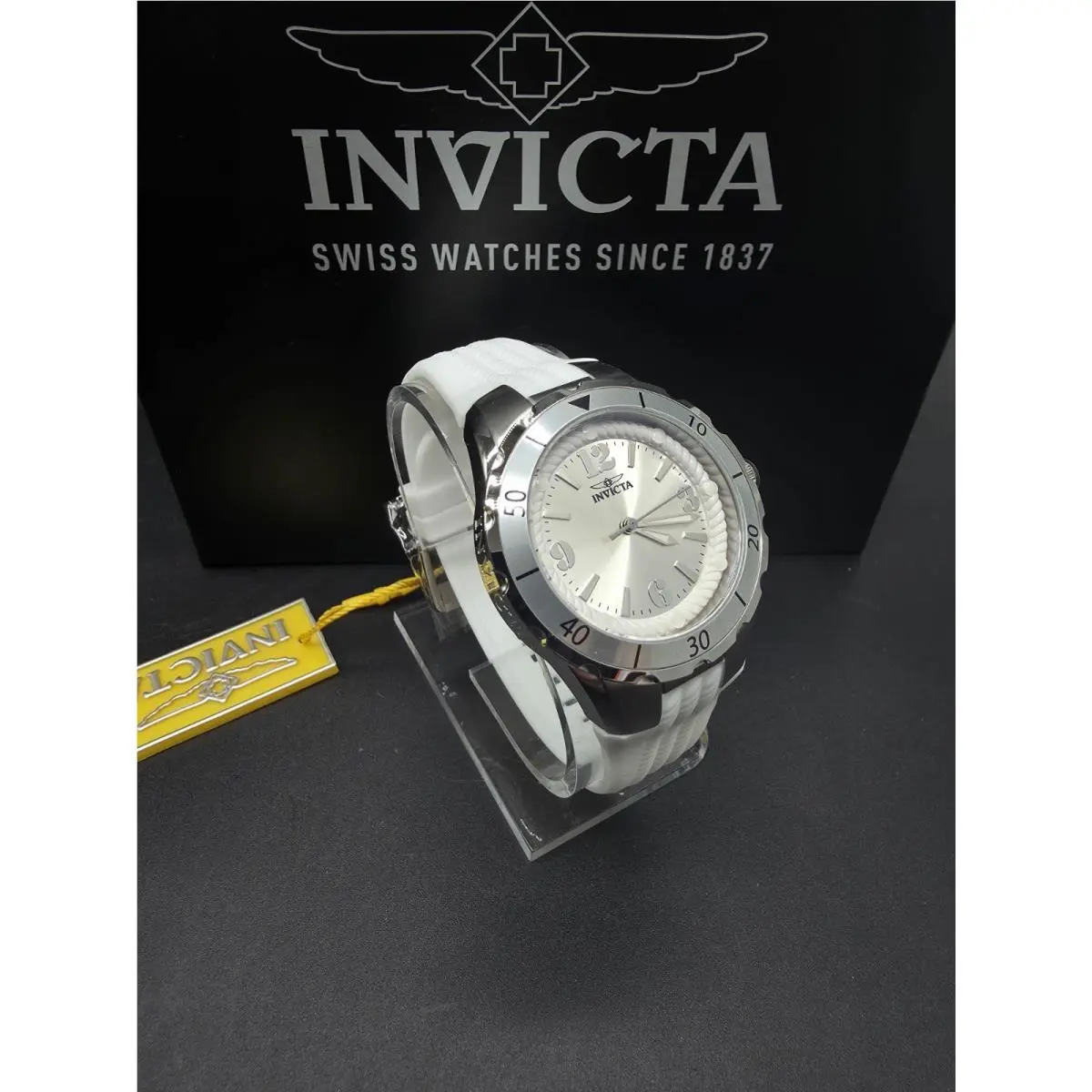 Invicta Angel Silver-tone Dial Ladies Watch White Silicone Band 17479 - Dial: Silver-tone, Band: White, Bezel: White