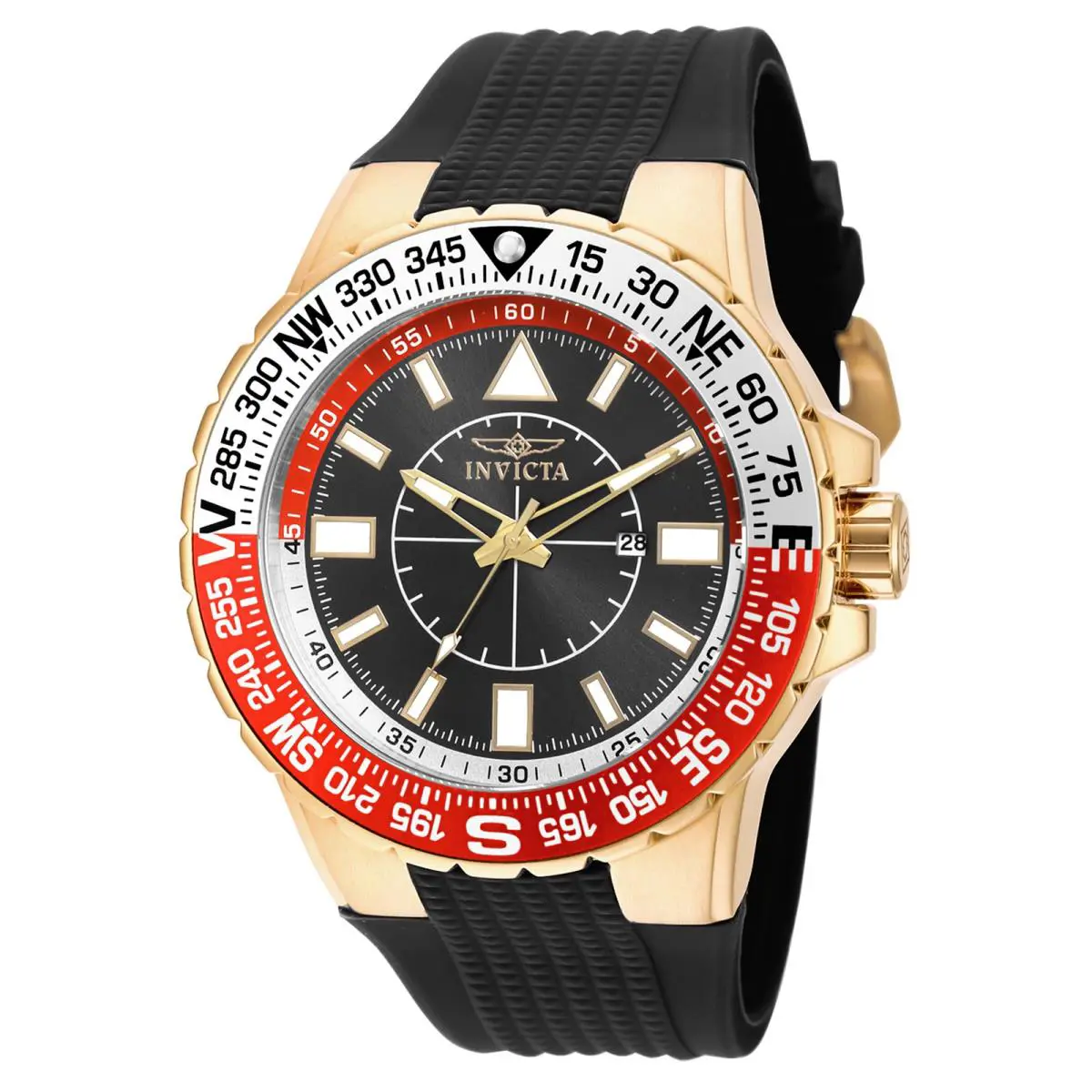Invicta Men`s 19271 Aviator Quartz 52mm 3 Hand Black Dial Silicone Watch - Dial: Black, Band: Black, Bezel: Red, Silver