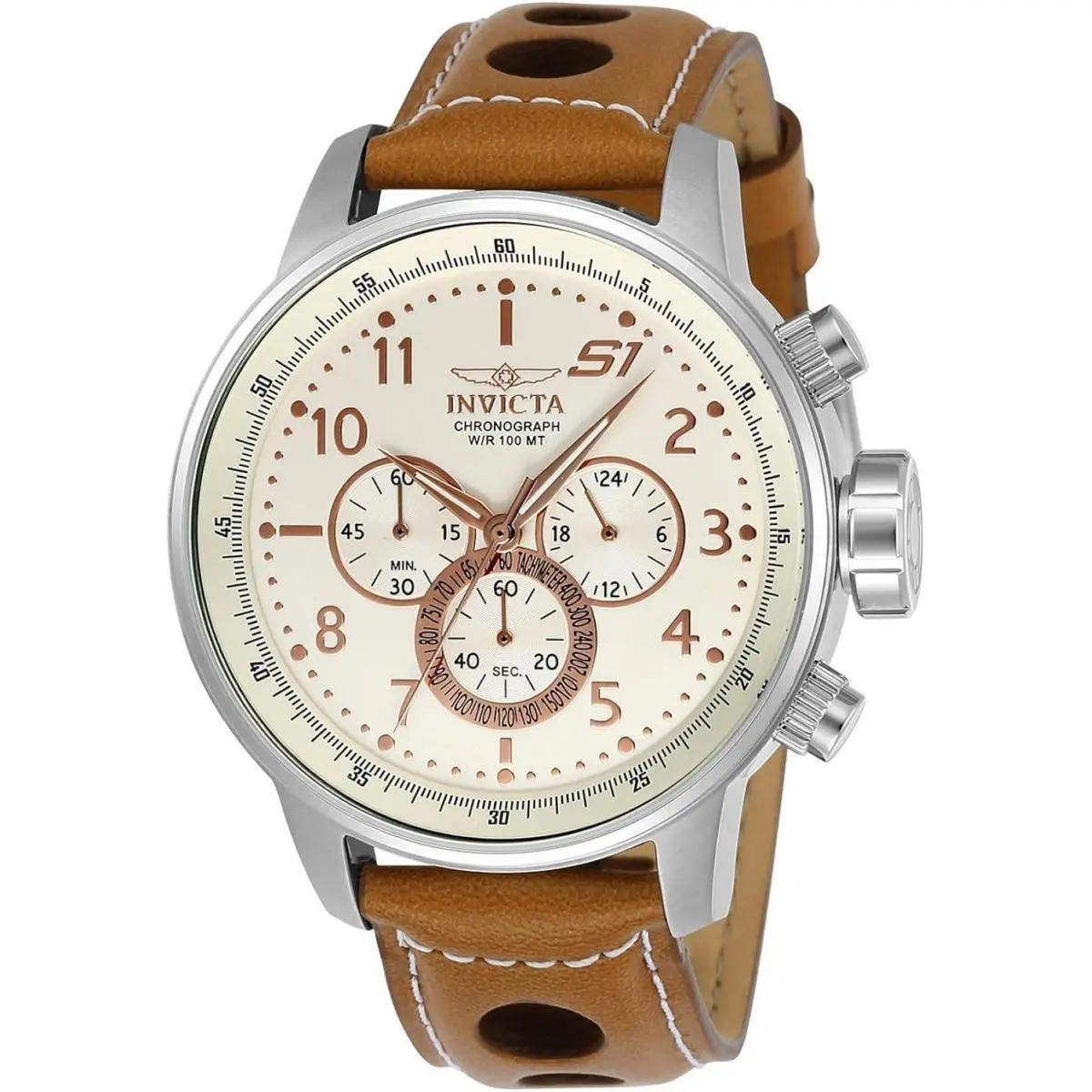 23596 Men`s S1 Rally Beige Dial Light Brown Leather Chronograph Watch by Invicta
