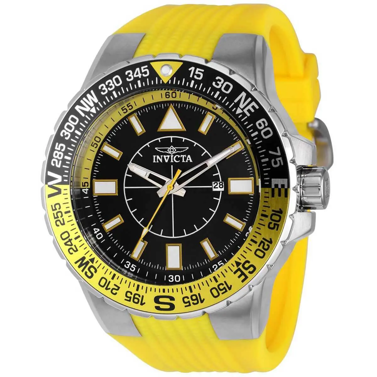 Invicta Men`s Watch Aviator Quartz Compass Black Dial Yellow Rubber Strap 36981 - Dial: Black, Band: Yellow