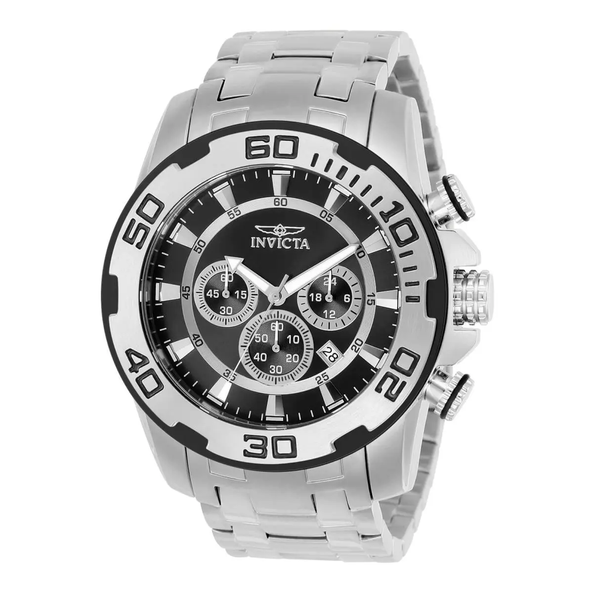 Invicta 22318 Gent`s Pro Diver Chrono Steel Bracelet Quartz Watch - Dial: Black, Band: Silver