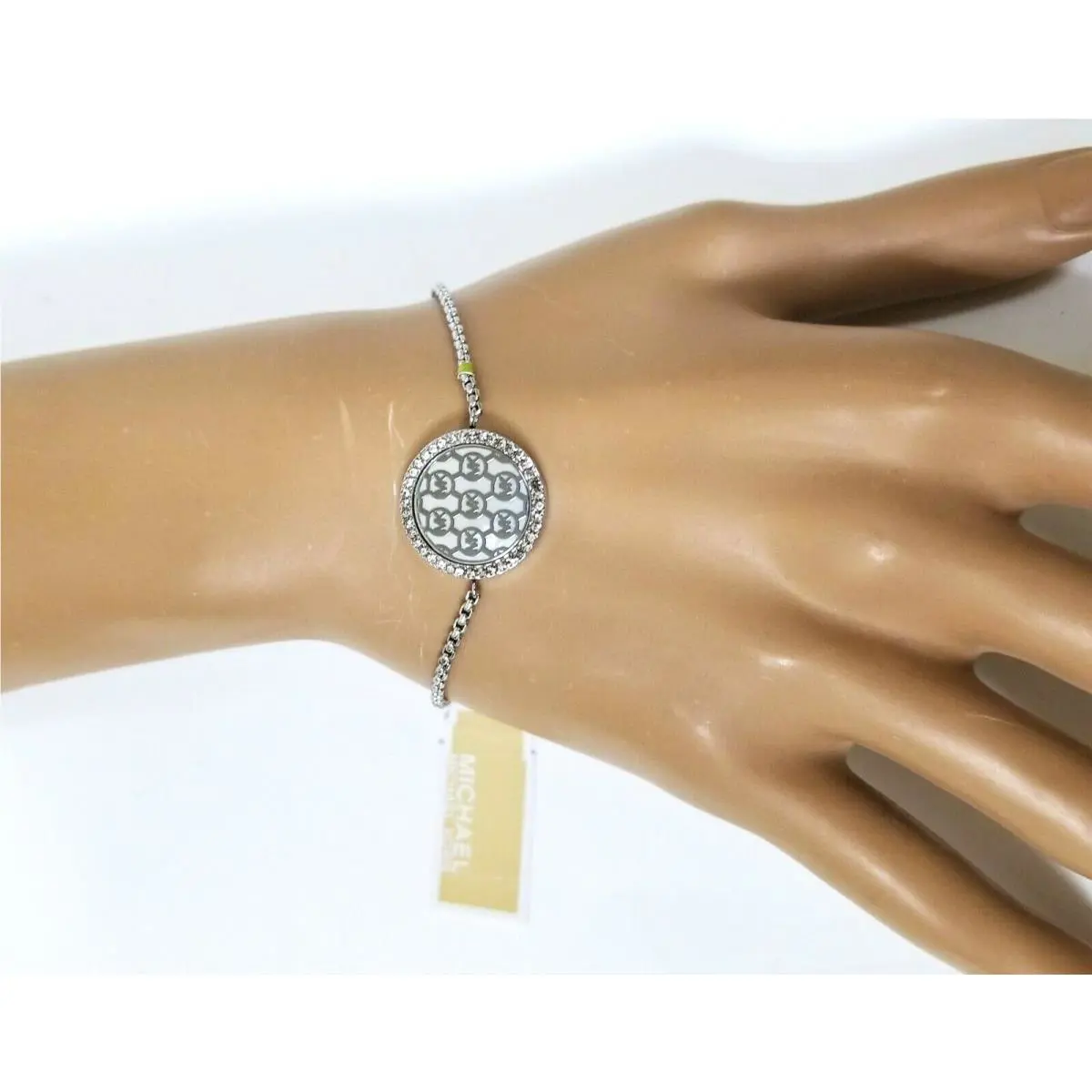 Michael Kors Silver Crystals Monogram Charm Stretchable Chain Bracelet MKJ5362
